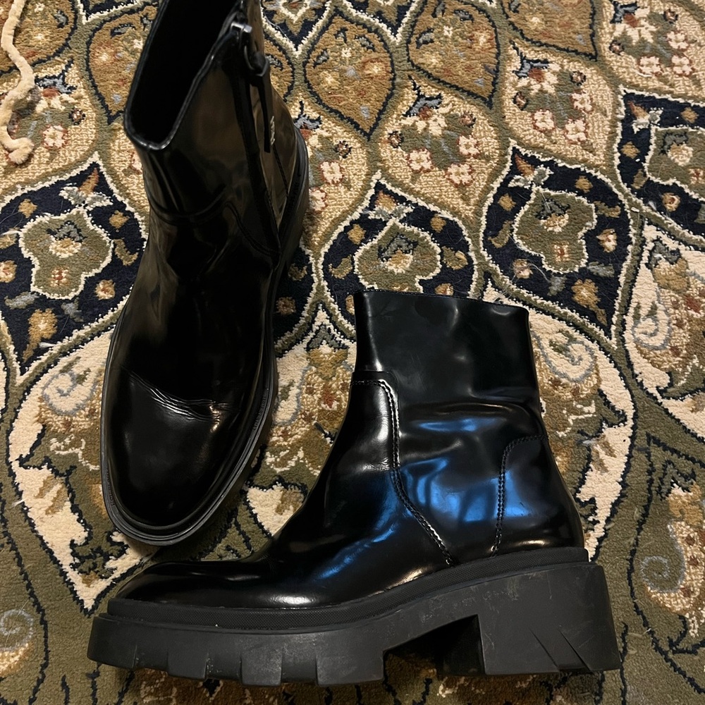 Black Genuine Leather Chunky Combat Boots